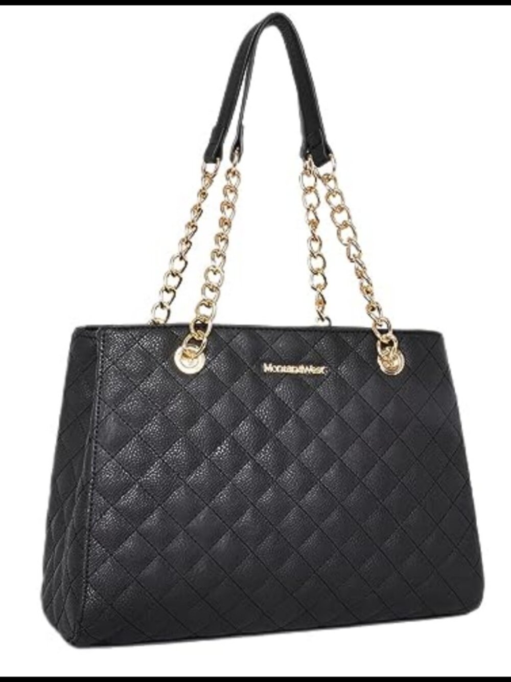 Quilted Chain Tote Bag: Medium Shoulder Satchel, Multi-Pocket, Gold Chain